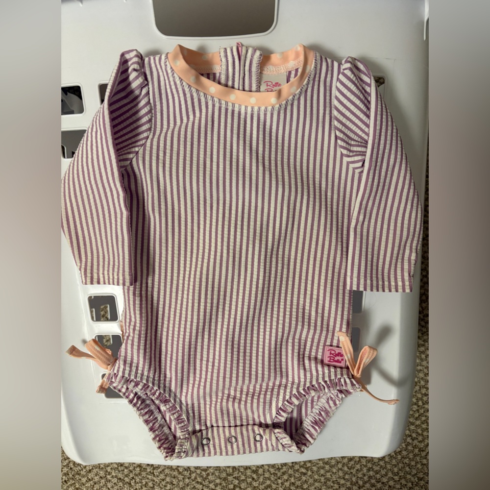 RuffleButts Seersucker Long Sleeve One Piece Swimsuit - 6-12 months